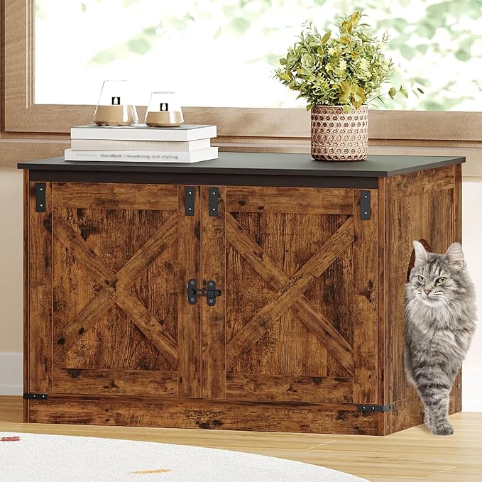 Hzuaneri Cat Litter Box Enclosure with Cushion, Hidden Litter Box Furniture with Removable Dividers, Reversible Entrance Left or Right Side, Cat House, Rustic Brown and Black CB84601X