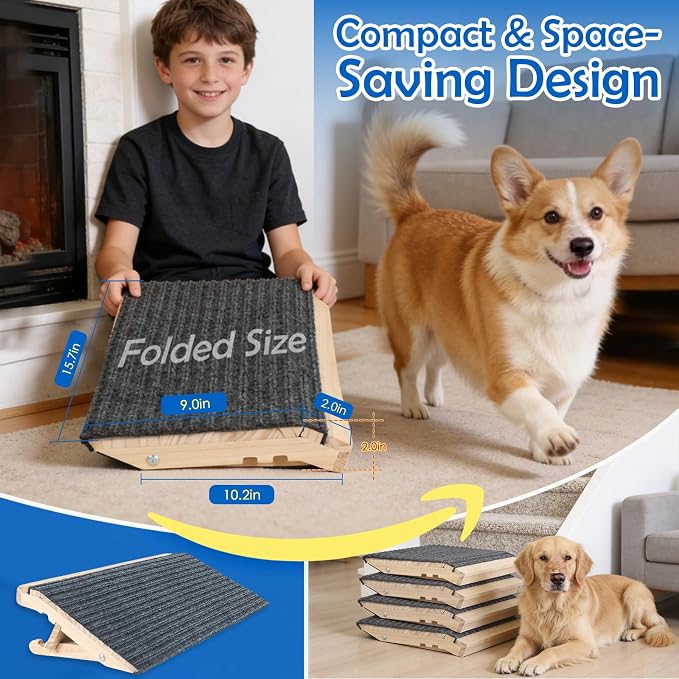 Adjustable Dog Ramp for Stairs, Foldable Wooden Dog Steps Anti-Slip | 2 Pack, Switch 4.3" or 5.5" Height, No Assembly, Gentle on Joints, for Senior & Injured Dogs, Natural Wood, 170 lbs