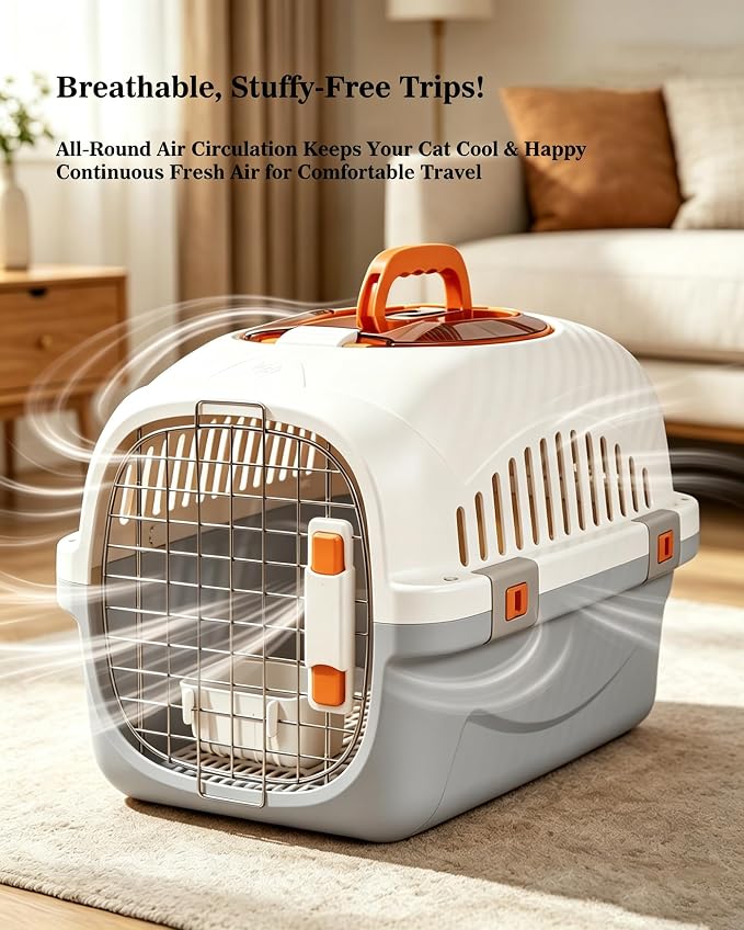 Cat Carrier Airline Approved, Portable Pet Travel Crate with Anti-Stress Design for Cats & Small Dogs, Car Safe Kennel with Top Window (Grey)
