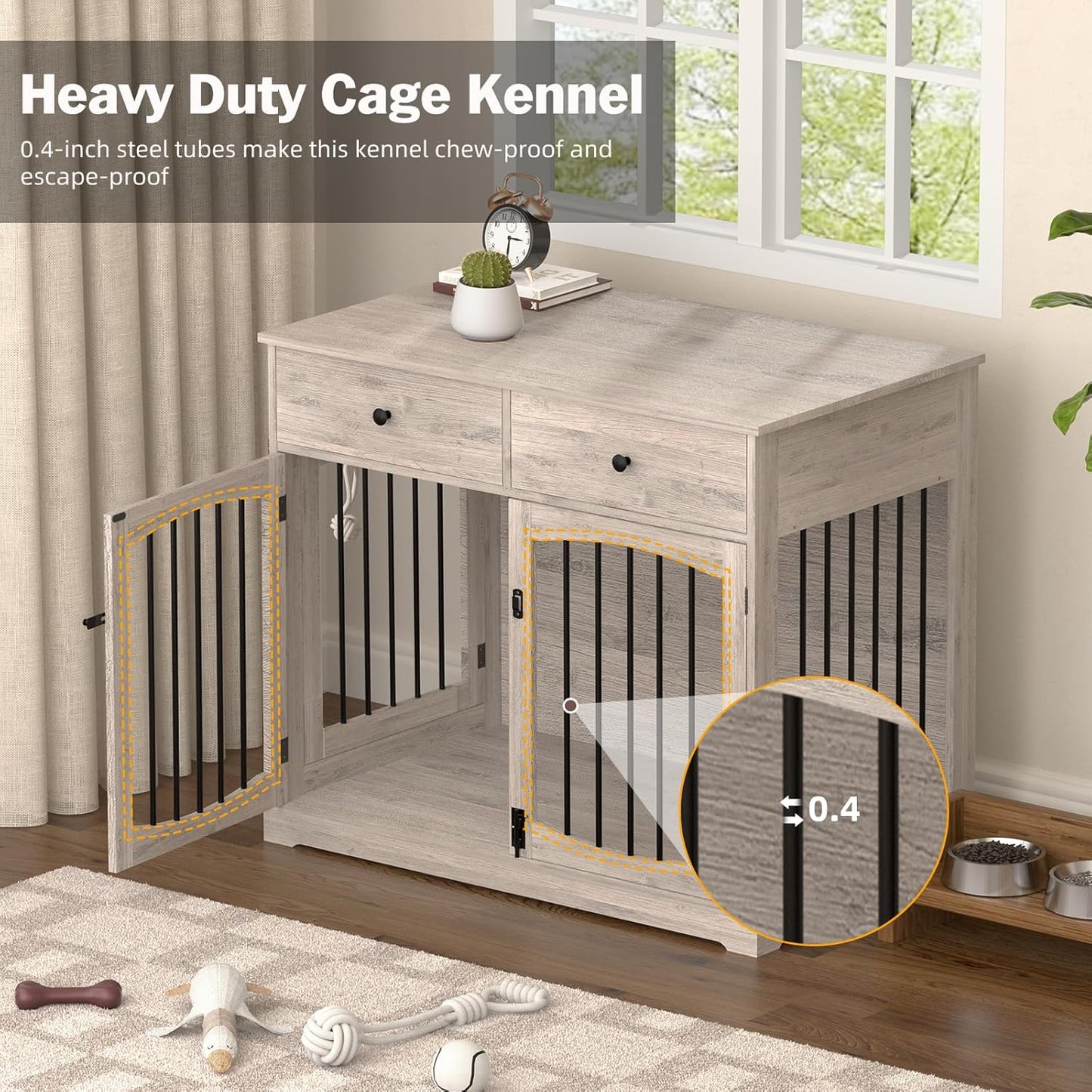 40 Inch Furniture-Style Dog Crate-Multipurpose Wood Pet Crate Furniture with Double Doors,2 Drawers, Decorative Dog House Indoor for Smal/Medium Dogs, Gray Finish