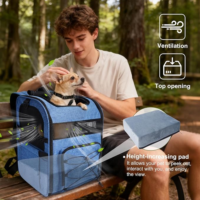 Dog Carrier Backpack for Small Dogs - Breathable Mesh Hiking Bag with Safety Buckle, Adjustable Straps and Standard Pad - Durable for Hiking (Fits Small Cats Too, Up to 17lbs, Blue)
