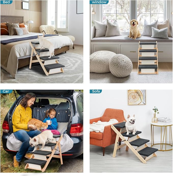 MEWANG Wood Pet Stairs & Ramp for Small/Medium Dogs & Cats, Aging Pets – 2-in-1 Foldable, Portable, Non-Slip Pet Ladder for Tall Beds, Couches, Cars – Holds Up to 220 lbs (31.5" L x 17.2" W x 25.0" H)