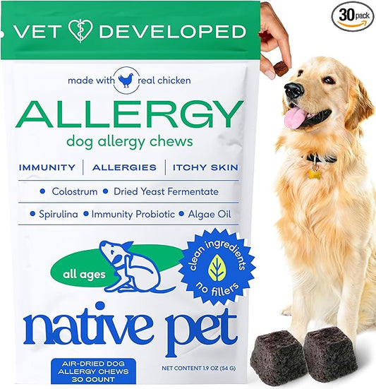 Native Pet Dog Allergy Chews - Dog Allergy Relief with Probiotics and Colostrum for Itchy Skin Relief to Support Seasonal Allergy and Healthy Immune System - All Natural Anti-Histamine - 30 Chews