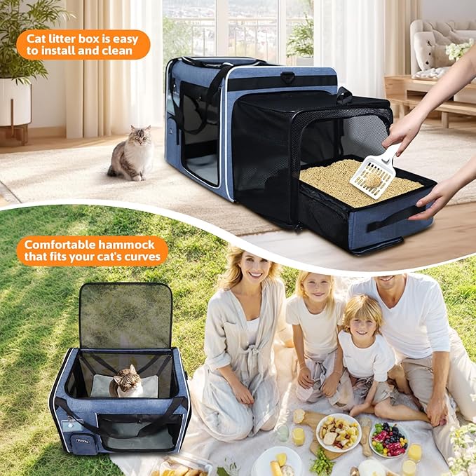 Petskd Side Expandable Extra Large Cat Carrier with Wheels and Litter Box for Long Distance Car Travel, 24"x17"x17" Collapsible Soft-Sided Pet Carrier with Zipper Locks for 2 Cats Under 55LBS(Blue)