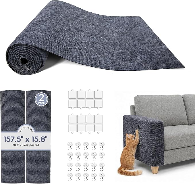 157.5" x 15.8" Cat Scratch Furniture Protector, Self-Adhesive Couch Protector from Cat Claws, Cats Scratching Mat for Couch, Sofa, Wall & Door, DIY Cat Scratch Pads Replacement, 2 Pack-Dark Grey