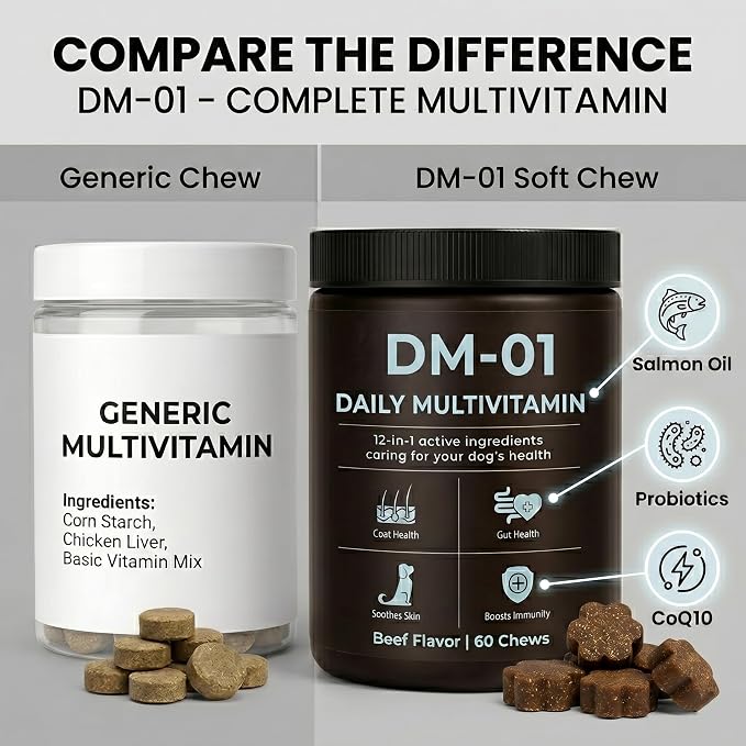 DM-01 Daily Multivitamin, Multivitamin Itch Relief Chews for Dog, with Folic Acid, Salmon Oil, Chondroitin & Natural Vitamins, Skin and Coat Healthy, Digestive & Boost Immunity, 60 Chews (Beef)