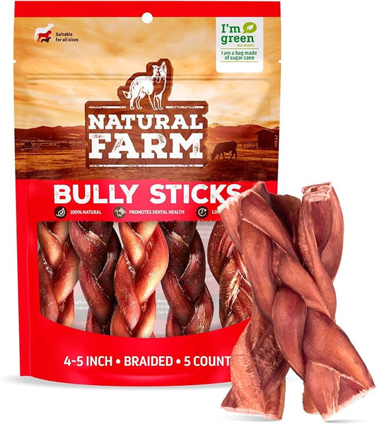 Natural Farm Odor-Free Braided Bully Sticks (4-5 Inch, 5 Pack) - 100% Grass-Fed Beef, Grain-Free, Low Fat & Fully Digestible Best Dental Treats, Safest Long Lasting Pizzle Chews to Keep Your Dog Busy