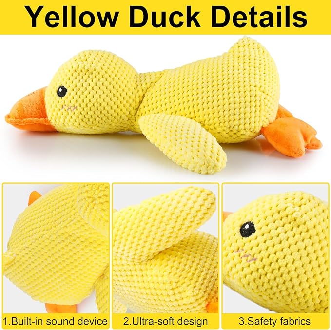 The Mellow Dog Calming Duck Pillow Toy, Squeaky Quacking Sound Duck Plush Chew Toy, Soft Comfort Calming Stuffed Duck Anxiety Toy for Indoor Small Medium Dogs, Yellow