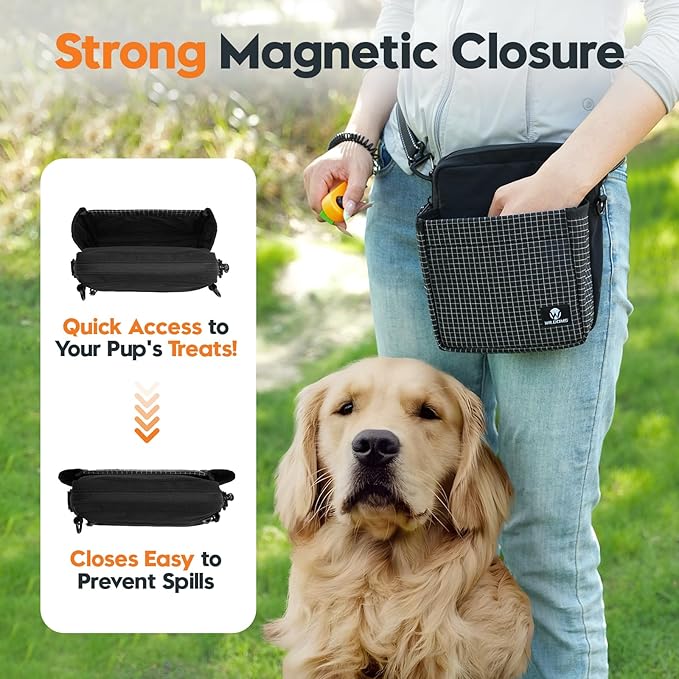 Dog Training Treat Pouch, Magnetic Treat Fanny Pack for Walking, Crossbody Dog Walking Bag with Poop Bag Dispenser, Clicker & Collapsible Bowl - Black