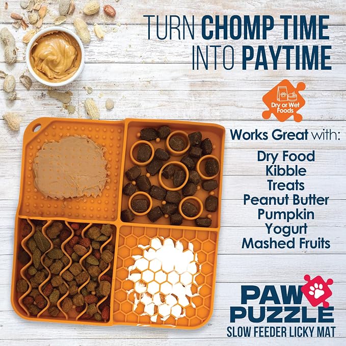 Palz&Co Paw Puzzle 2-in-1 Slow Feeder & Lick Mat for Dogs and Cats, Dry and Wet Food, Dishwasher Safe Silicone, Small 8"x8", Orange