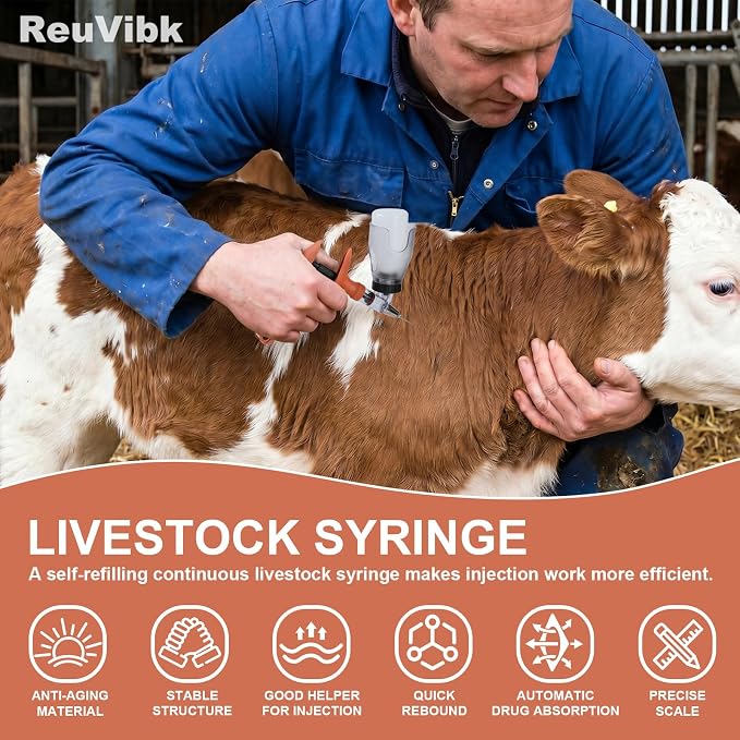 5ML Livestock Syringe, Automatic Self Refill Syringes Continuous Repeating Adjustable Bottle Attachment Livestock Animal Injection Gun with 10 Needles, for Chicken, Duck, Pig, Sheep, Cow Poultry