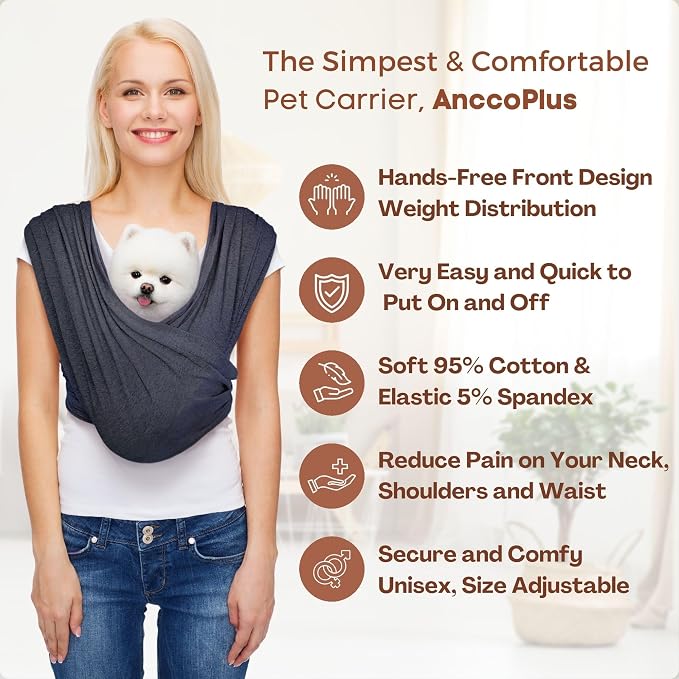AnccoPlus Dog Carriers for Small Dogs, Front Facing Cat Carrier, Hands Free Dog Carrier, Size Adjustable Pet Carrier, Reducing Back Pain, Soft Cotton, Safe Small Dog Carrier (Plus, Charcoal Black)