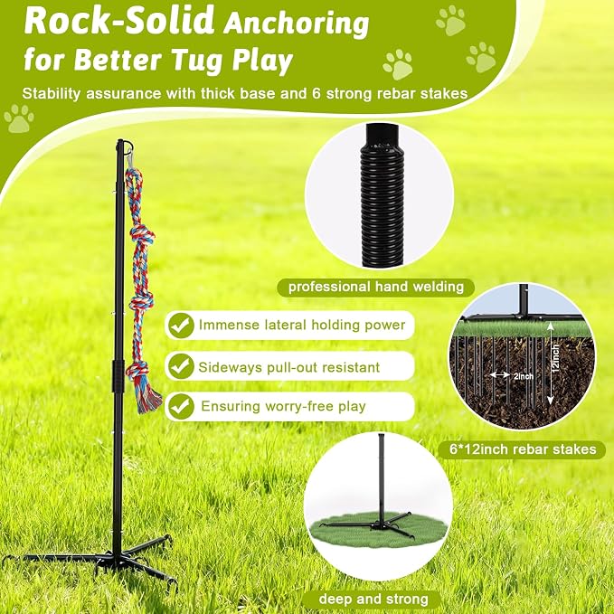 Outdoor Dog Tug Toy for Backyard, Dog Tether Toy, Adjustable Height Durable Spring Pole Dog Toy for Small Medium Dogs, Interactive Hands-Free Dog Exercise Toy with 2 Chew Rope Toys