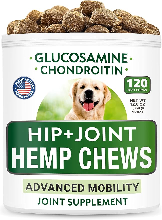 Hemp Treats + Glucosamine + Omega 3 for Dogs Bundle - Joint Pain + Allergy and Itch Relief - Hip & Joint Supplement w/MSM + Chondroitin + Hemp Oil + Omega 3 + EPA & DHA Fatty Acids - 120 + 180 Chews