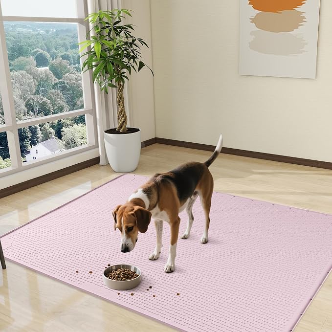 Dog Food Mat, Extra Large 50" x 35" Silicone Pet Feeding Mat with Raised Edge Pet Placemat for Small, Medium, and Large Pets Non-Slip, Easy to Clean (Pink)