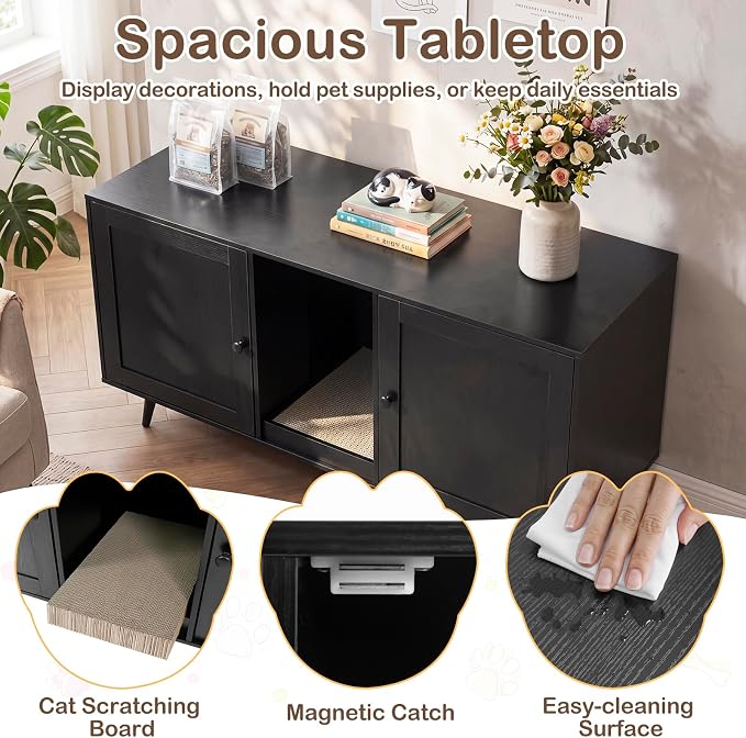 Tangkula Double Cat Litter Box Enclosure, Large Hidden Wooden Cat Cabinet for 2 Cats with Scratching Pad, Double Rooms, Versatile TV Stand Side Table for Indoor Living Room