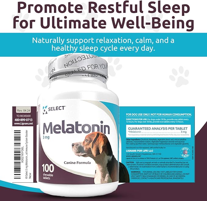 K9 Select Melatonin for Dogs - Calming Treats, Sleep Aid - High Antioxidant Helps with Immune System Booster - Wellness - 3 mg, 100 Vegetarian Capsules