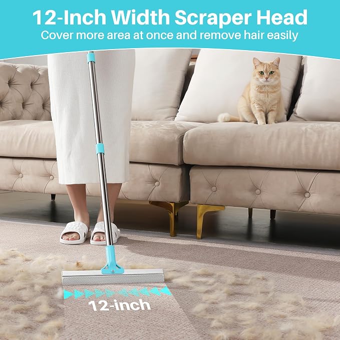 JOYMOOP 2 PCS Carpet Rake for Pet Hair Removal, 63" Adjustable Long Handle Carpet Rake and Short Handle Carpet Scraper for Carpet, Sofa,Cloth, Metal & Silicone Pet Hair Removal Tool