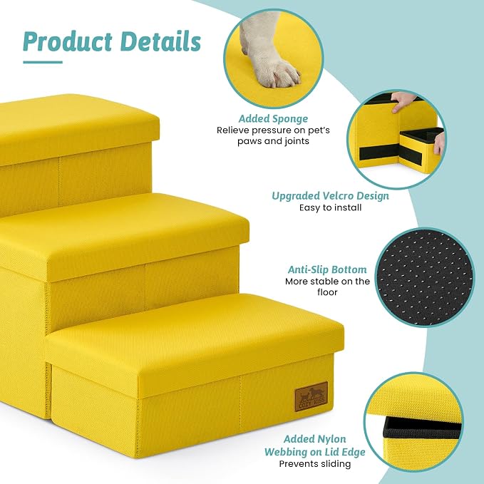 Dog Stairs with Storage, 3-Step Wider Sturdy Dog Steps for Small/Medium/Large Dogs and Older Cats, Folding Doggie Ramp for Bed/Couch/Car Hold Up to 180 lbs (16.7" H, Yellow)