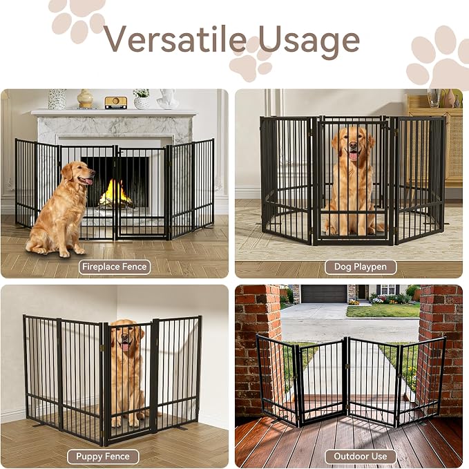 SNUOWU Full Metal Freestanding Dog Gate with Door, 36''Height Foldable Pet Dog Fence for Indoor & Outdoor, 6 Panels Extra Wide Free Standing TallDog Gates for Doorways,House,Stairs,Porch,Deck,Yard