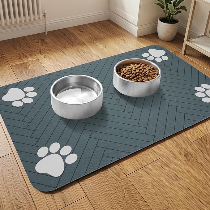 Pet Feeding Mat-Absorbent Dog Feeding Mat for Food and Water Bowl,No Stains Pet Placemat,Quick Drying Water Dispenser Mat for Dog and Cat,Easy to Clean Dog Accessories(S,Black Gray Paw)