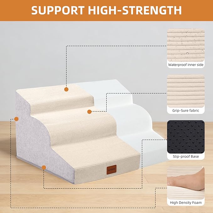 Dog Stairs for Small Dogs,15.7" H,3-Step Curved Pet Ramp for Bed Couch Sofa and Chair,Non-Slip Pet Steps for Injured & Senior Pets with Washable Cover and Durable High Density Foam,Beige