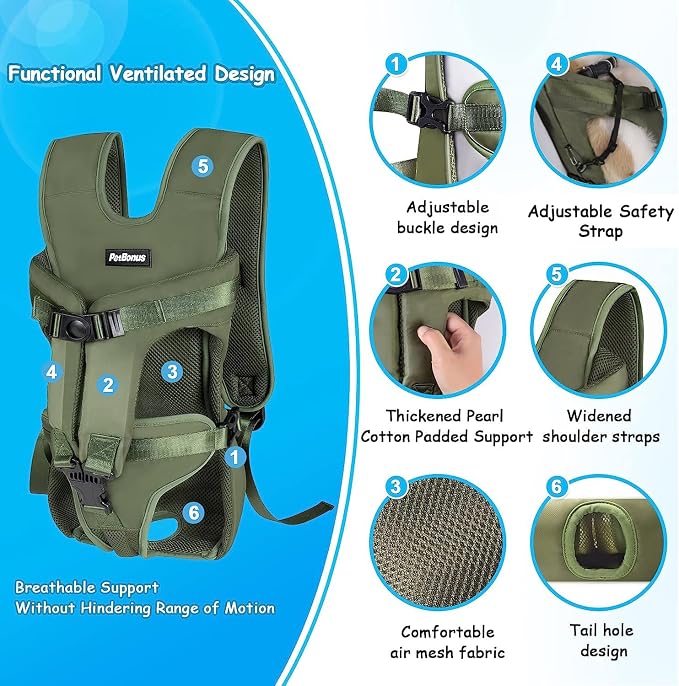PetBonus Pet Front Dog Carrier Backpacks, Adjustable Pet Backpack, Legs Out Easy-fit Puppy Chest Carrier for Medium Small Dogs, Hands Free for Hiking, Cycling (Army Green, L)