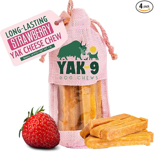 Yak9 Strawberry Yak Chews for Dogs | High Protein, Non Rawhide Dog Chews Long Lasting | Non GMO, Gluten Free, Grain Free Yak Milk Dog Chew | Small Size 1.1 Oz, 14 PC