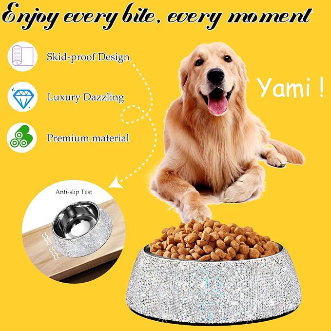 SlowVibes Bling Stainless Steel Dog Bowls,18oz Detachable Rhinestone Metal Food Water Bowl for Feeding Dogs Cats,Rust Resistant Non-Slip Puppy Dish,Sparkle Essentials for Small Medium Large Girl Pets