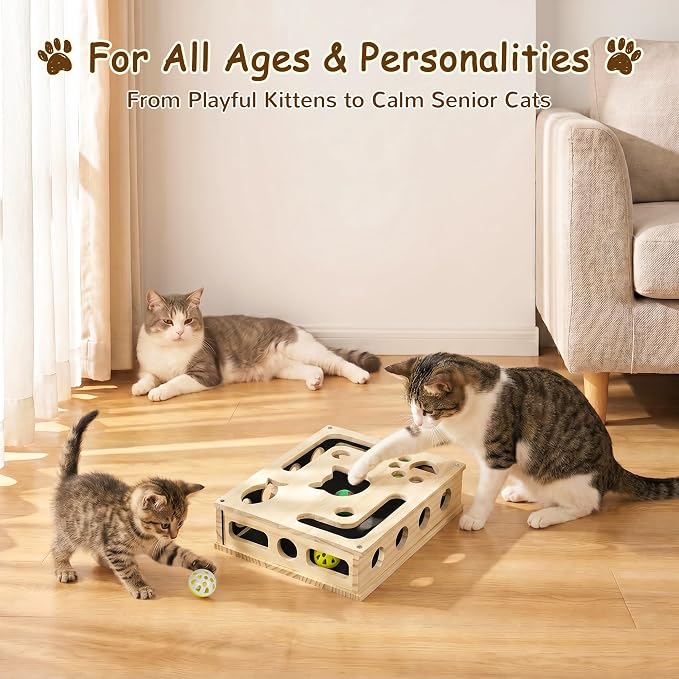 Cat Nail File Box, Interactive Wooden Cat Scratch Puzzle Toy with Sandpaper, Includes 3 Bell Balls & 3 Replacement Pads for Indoor Cats, Stress-Free Enrichment Claw Care (Regular)