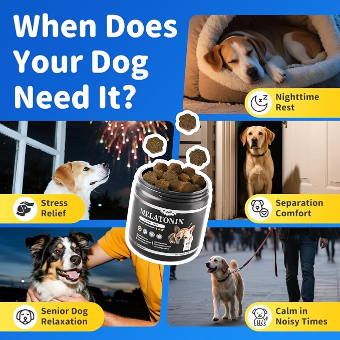 Dog Melatonin Calming Chews for Nighttime Sleep, Natural Relaxation & Stress Support for Dogs & Puppies Calming Treats, Barking, Separation, Anxiety, Fireworks, Upgraded Bacon Flavor, 90Ct