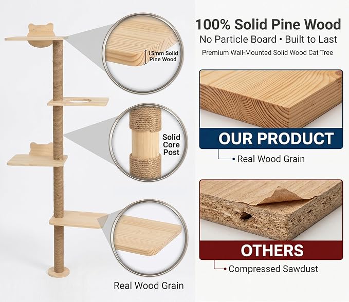 Cat Tree Wall Mounted,Tall Scratching Post for Indoor Cats Climbing Tower Activity Wood Cat Wall Furniture(Wood)