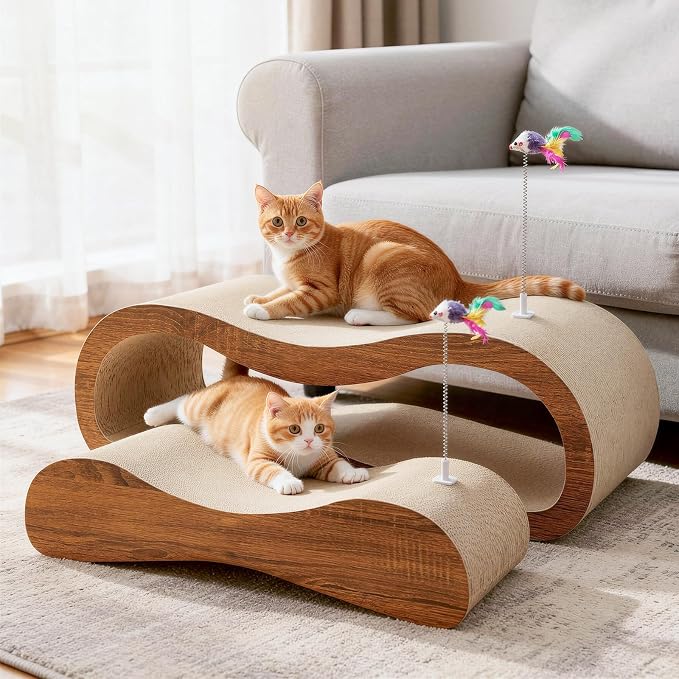 Simple Delxue 2 in 1 Cat Scratcher Lounger, Large Horizontal Cardboard Cat Scratcher with 2 Plug-in Teaser Wand, 100% Recyclable & Reversible Scratching Pads Prevents Furniture Damage