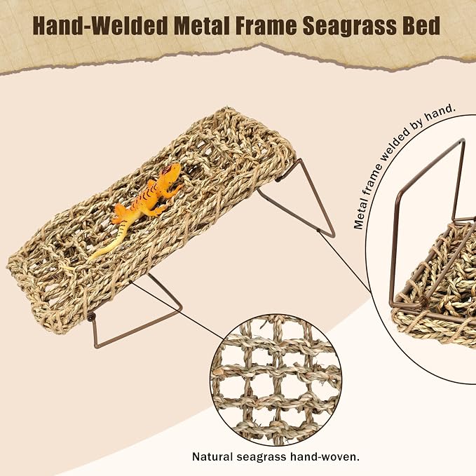 Bearded Dragon Hammock, Seagrass Reptile Basking Platform with Foldable Metal Frame, Collapsible Habitat Accessory for Leopard Gecko, Snake, Frog, Crab (2-Pack)