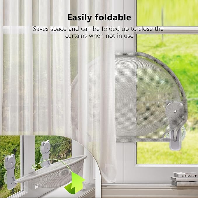 JUNSPOW Cat Window Perch Cordless, Glow in The Dark & Stable Cat Beds- Breathable Window Hammock for Overlooking, Sunbathing and Climbing - Maximum Hold Up to 40lb(Light Grey)