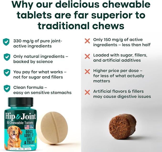 Hip & Joint Supplement for Dogs, 300mg Green-Lipped Mussel for Dog Arthritis Pain Relief, Glucosamine, MSM & Chondroitin, Zero Sugar, Large Medium Small Breeds, 100 Chewable Tablets