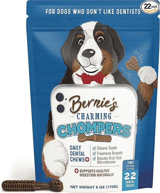 Bernie's Charming Chompers - Daily Dental Chews for Dogs 5-15 Lbs. - 22 Count - Cleans Teeth, Freshens Breath, + Boosts Oral-Gut Microbiome. Easy to Digest, Supports Healthy Digestion Naturally