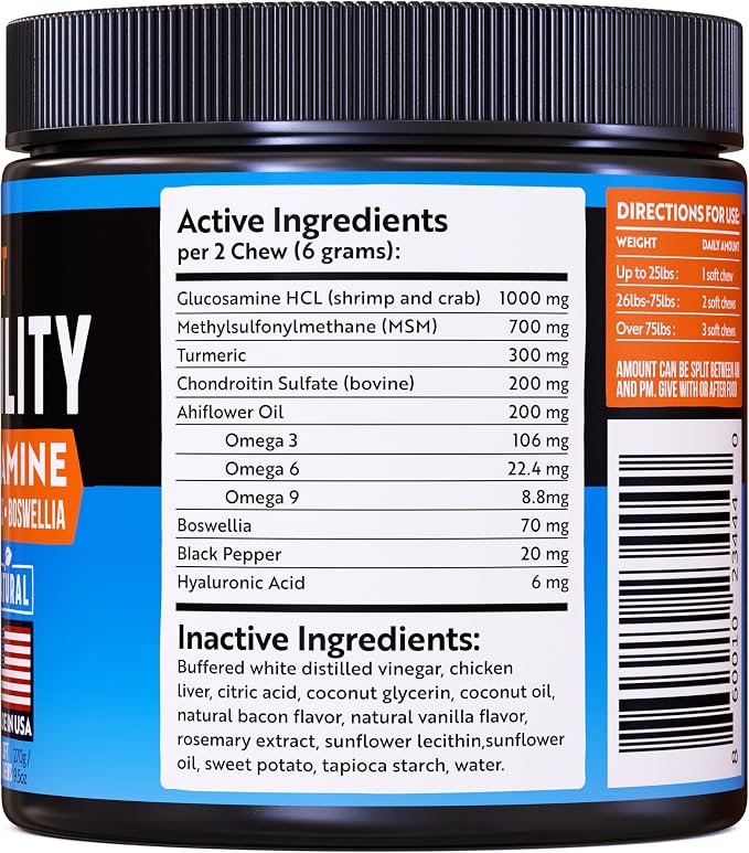 Glucosamine for Dogs -1000mg- Senior Dog Joint Supplement -Advanced Hip & Joint Support Chews w/Glucosamine, Chondroitin, MSM, Turmeric & Omega 3 for Pain & Inflammation Relief, Improved Mobility