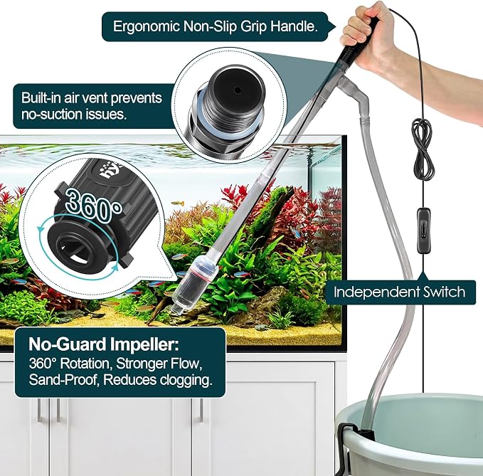 hygger Electric Aquarium Gravel Cleaner, 528GPH Fish Tank Vacuum, 5-in-1 Automatic Sand Washer Water Changer Cleaning Kit for Freshwater Saltwater, Adjustable Length Handle Tube,Hose, Clamp
