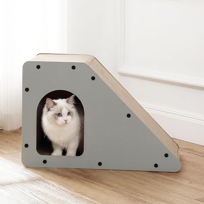 Kento 23.63" Modern Cardboard Cat Cave Scratcher with Catnip, Angled Trapezoid Hideaway House and Scratching Lounge for Indoor Cats, Gray CSR1008H