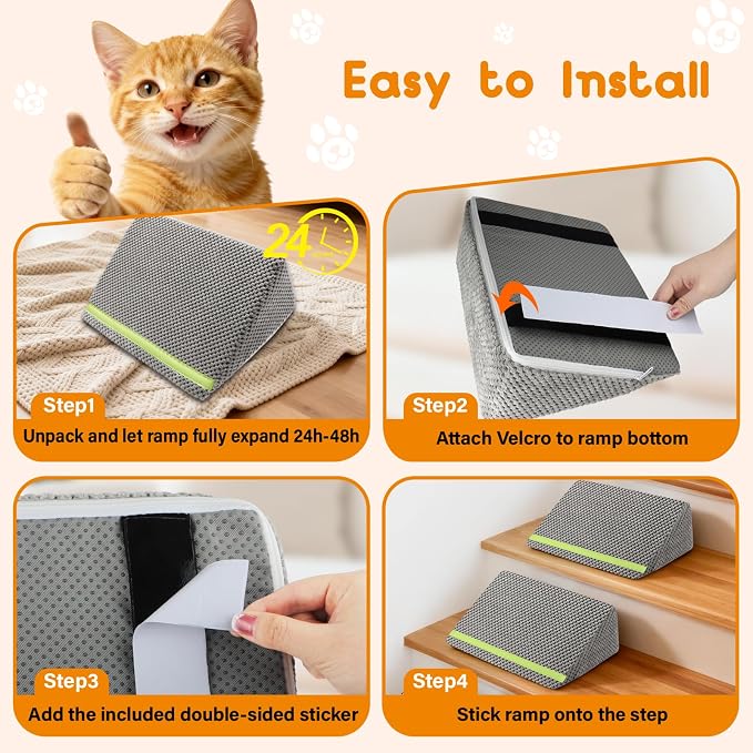 JoyBlooms Dog Ramp for Stairs for Small & Senior Dogs Cats, 40D Density Foam Gentle Slope Non-Slip Dog Stair Ramp with Glow Strip, Pet Ramp with Removable Washable Cover Gray-3pcs