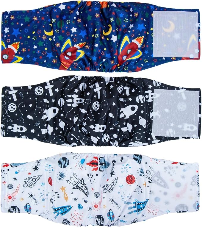 Pet Soft Dog Belly Band - 3 Packs Reusable Dog Diapers Male Doggy Diapers Wraps - Washable Dogs Belly Bands for Male Dogs (Space, XXL)