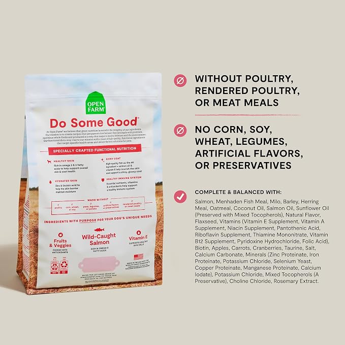 Open Farm, Skin & Coat Health Dog Food, Veterinarian Formulated Kibble with Salmon Oil and Vitamin E to Support Healthy Skin & A Shiny Coat, Wild-Caught Salmon & Oatmeal Recipe, 4lb Bag