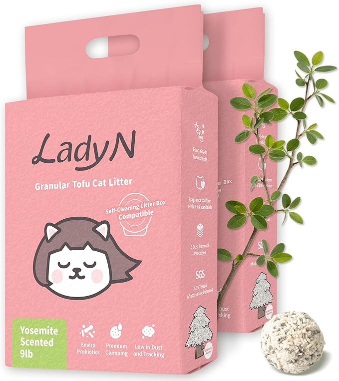 Lady N Granular Tofu Cat Litter Yosemite Scent, Mini-Pellet Compatible with Automatic Self-Cleaning Cat Litter Box, Premium Clumping, Low Dust, Probiotic Odor Control 18lb