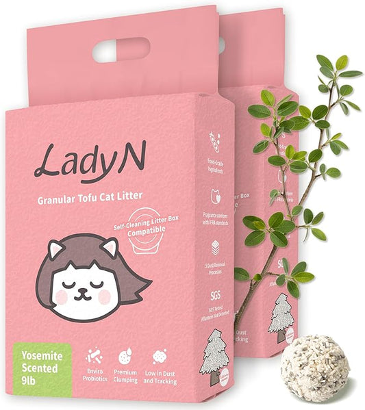 Lady N Granular Tofu Cat Litter Yosemite Scent, Mini-Pellet Compatible with Automatic Self-Cleaning Cat Litter Box, Premium Clumping, Low Dust, Probiotic Odor Control 18lb