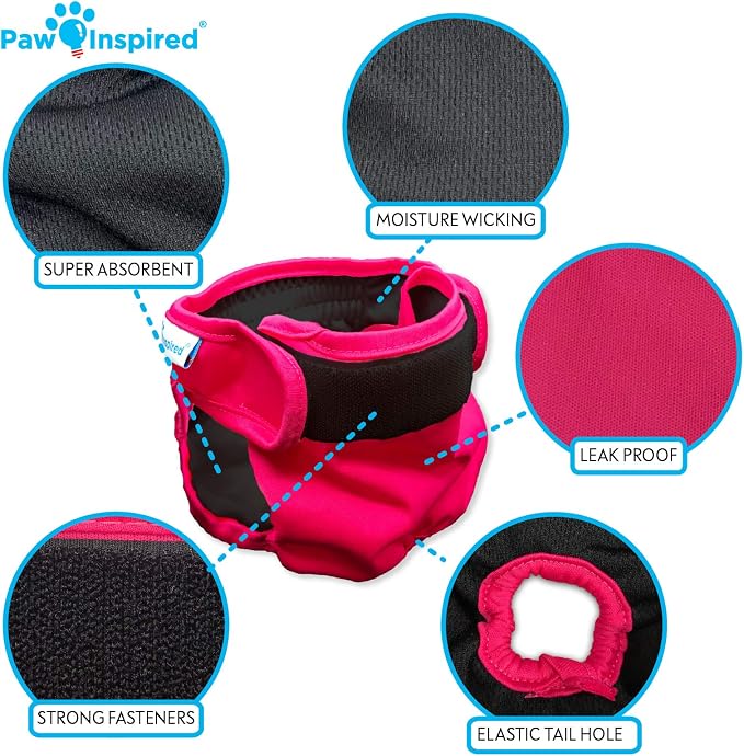 Paw Inspired Washable Dog Diapers (2 Pack) | Reusable Cloth Doggy Diapers for Female Small, Medium, Large Size Dogs (Pink and Blue Colors with Black Lining, Size XL)