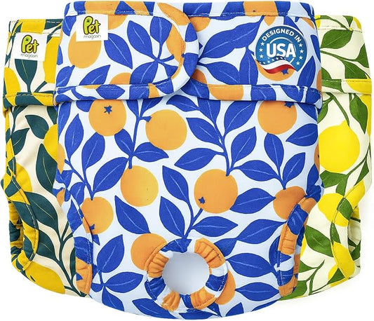 Pet Magasin® Super Absorbent Reusable Dog Diapers for Females (3-Pack) - Ideal Heat Solution, Washable Doggie Diapers for Female Dog - Perfect Doggie in Heat & Period (Botanical, M (14”-19” Waist))