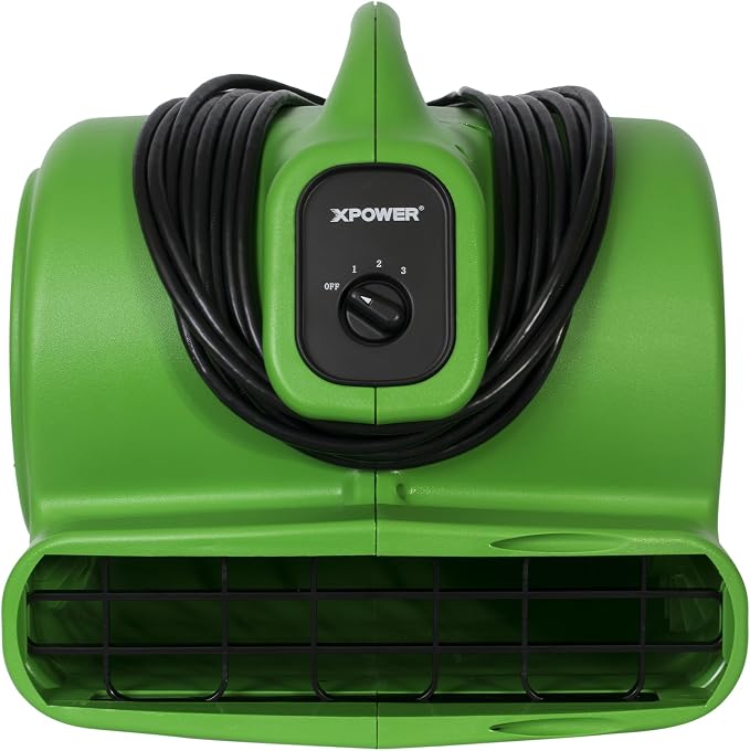 XPOWER X-600A Pro 1/3 HP 2400 CFM Centrifugal Air Mover, Carpet Dryer, Floor Fan, Blower, Daisy Chain, for Water Damage Restoration, Janitorial, Plumbing, Home Use, Green