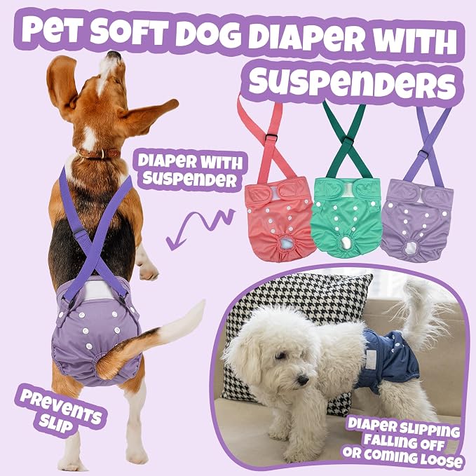 Pet Soft Dog Diapers Female with Suspenders, 3 Pack Reusable Female Dog Diapers for Heat, Dog Period Panties for Doggie in Cycle(Medium, Pinkycolor)