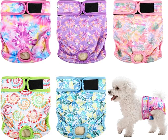 Dog Diapers Female 5pcs,Reusable Dog Doggie Puppy Doggy Diapers Female, Period Panties in Heat, Tiedye, Medium